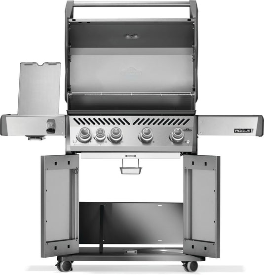 Napoleon Rogue PRO 525 Stainless Steel Gas Grill with Infrared Side Burner and 5 Burners with open side panels on a white background