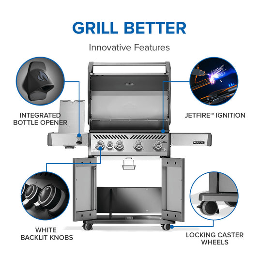 Napoleon Rogue PRO 525 Stainless Steel Gas Grill with Infrared Side Burner and 5 Burners with labeled features including integrated bottle opener, jetfire ignition, white backlit knobs, and locking caster wheels.
