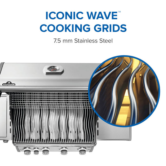 Napoleon Rogue PRO 525 Stainless Steel Gas Grill with Infrared Side Burner and 5 Burners with Iconic Wave cooking grids and close-up of grid design.