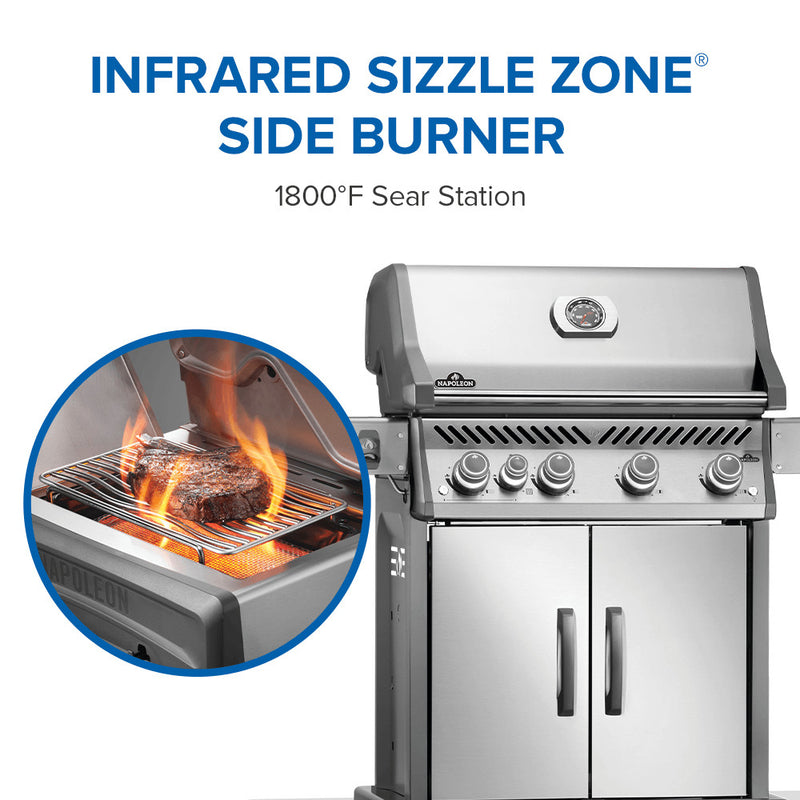 Load image into Gallery viewer, Napoleon Rogue PRO 525 Stainless Steel Gas Grill with Infrared Side Burner and 5 Burners with infrared sizzle zone side burner feature, showing flames and searing meat.
