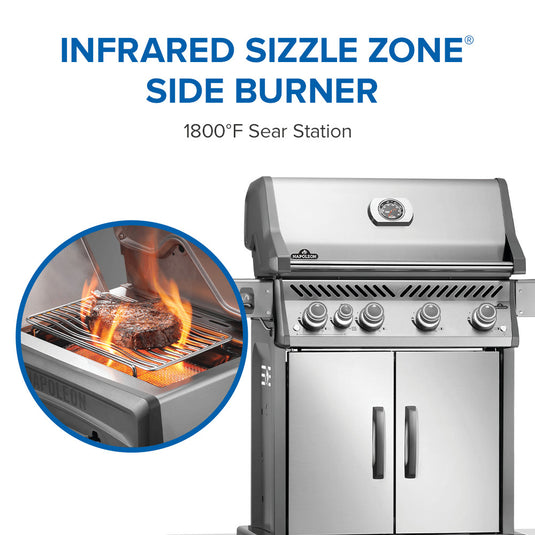 Napoleon Rogue PRO 525 Stainless Steel Gas Grill with Infrared Side Burner and 5 Burners with infrared sizzle zone side burner feature, showing flames and searing meat.