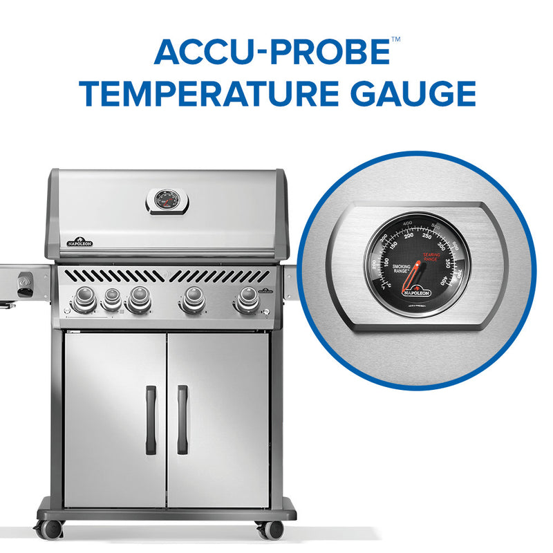 Load image into Gallery viewer, Napoleon Rogue PRO 525 Stainless Steel Gas Grill with Infrared Side Burner and 5 Burners with Accu-Probe temperature gauge on a white background

