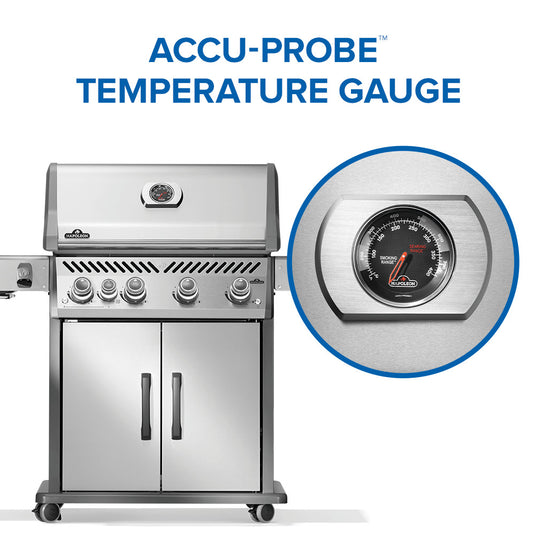 Napoleon Rogue PRO 525 Stainless Steel Gas Grill with Infrared Side Burner and 5 Burners with Accu-Probe temperature gauge on a white background