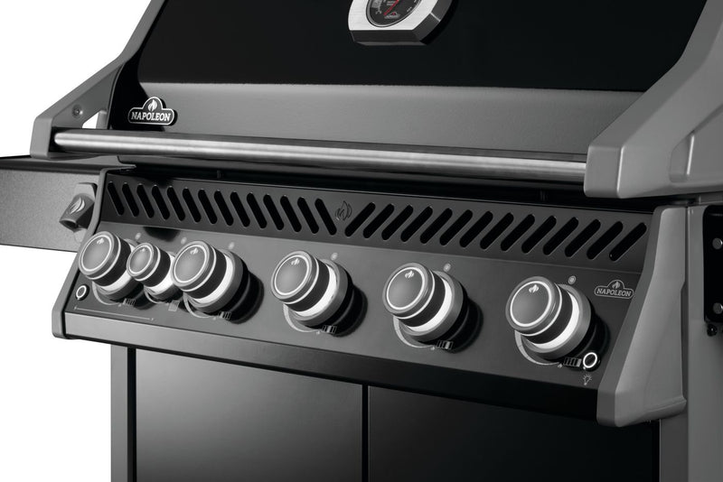 Load image into Gallery viewer, Napoleon Rogue PRO 625 SIB Black Gas Grill with 6 Burners and Infrared Side Burner with control knobs on a white background
