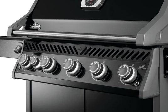 Napoleon Rogue PRO 625 SIB Black Gas Grill with 6 Burners and Infrared Side Burner with control knobs on a white background