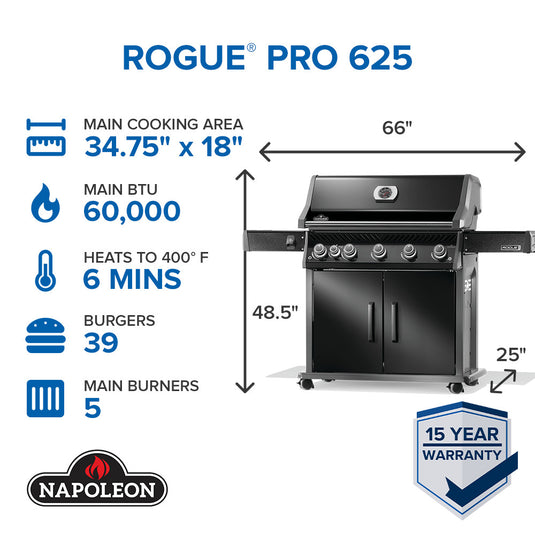 Napoleon Rogue PRO 625 SIB Black Gas Grill with 6 Burners and Infrared Side Burner with specifications on a white background