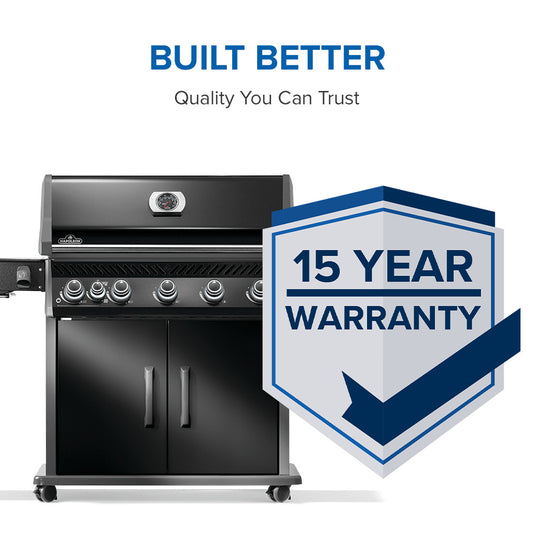 Napoleon Rogue PRO 625 SIB Black Gas Grill with 6 Burners and Infrared Side Burner with a 15-year warranty badge on a white background