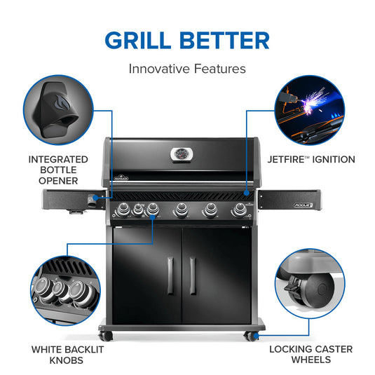 Napoleon Rogue PRO 625 SIB Black Gas Grill with 6 Burners and Infrared Side Burner with labeled features on a white background