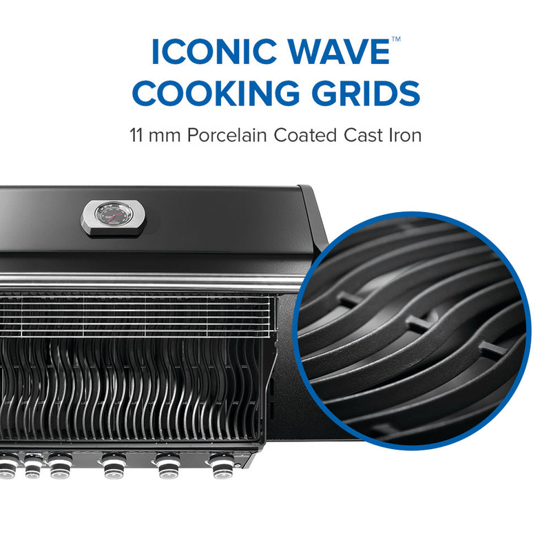 Load image into Gallery viewer, Napoleon Rogue PRO 625 SIB Black Gas Grill with 6 Burners and Infrared Side Burner Iconic Wave cooking grids with close-up detail on a white background
