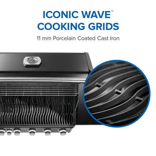Napoleon Rogue PRO 625 SIB Black Gas Grill with 6 Burners and Infrared Side Burner Iconic Wave cooking grids with close-up detail on a white background