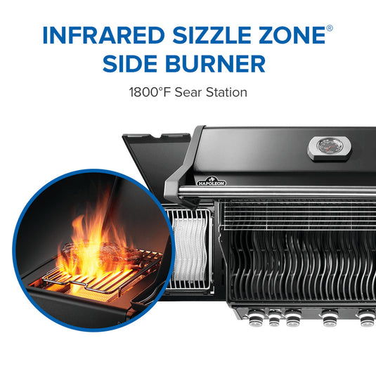 Napoleon Rogue PRO 625 SIB Black Gas Grill with 6 Burners and Infrared Side Burner with infrared sizzle zone side burner and flame inset on a white background