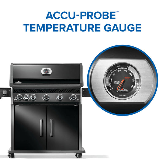 Napoleon Rogue PRO 625 SIB Black Gas Grill with 6 Burners and Infrared Side Burner with Accu-Probe temperature gauge on a white background