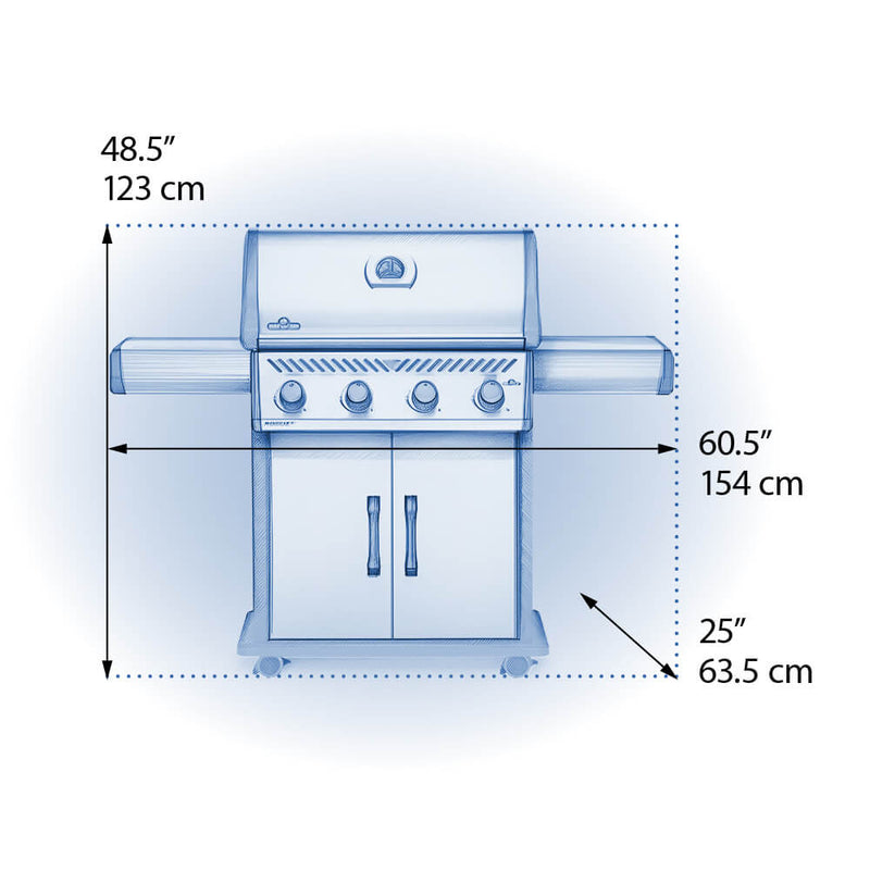 Load image into Gallery viewer, Napoleon Rogue XT 525 Stainless Steel Propane Grill with 4 Burners and Smoker Box with dimensions labeled on a white background
