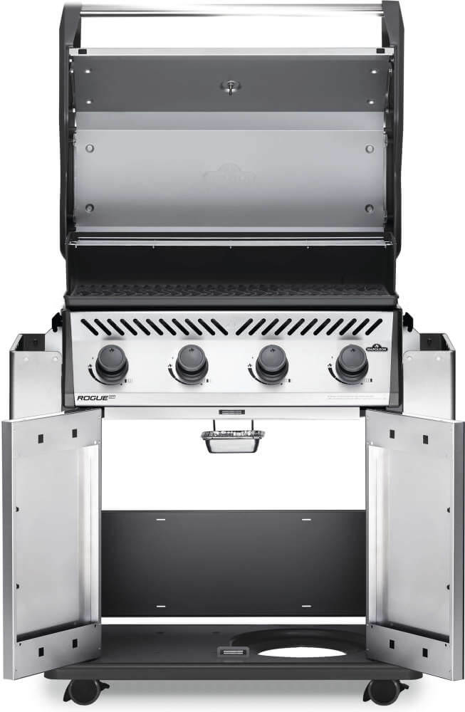 Load image into Gallery viewer, Napoleon Rogue XT 525 Stainless Steel Propane Grill with 4 Burners and Smoker Box with open doors on a white background
