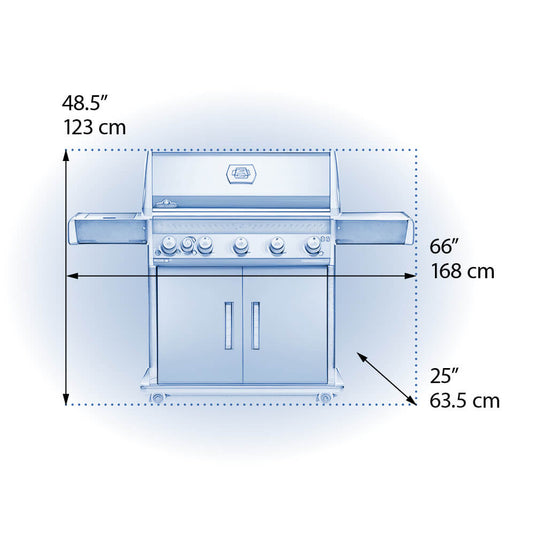 Measurement chart of Napoleon Rogue XT 625 SIB Grill with Infrared Side Burner – 6 Burner BBQ, available in Natural Gas and Propane with dimensions labeled