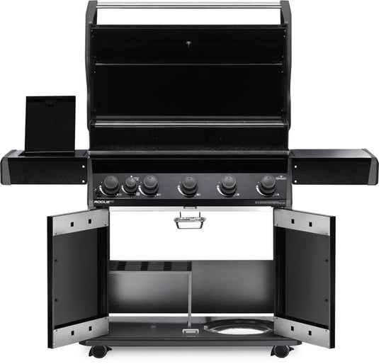 Napoleon Rogue XT 625 SIB Grill with Infrared Side Burner – 6 Burner BBQ, with open doors on a white background