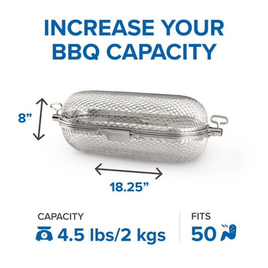 Napoleon rotisserie grill basket made of stainless steel, shown with cooked wings and vegetables on a barbecue grill