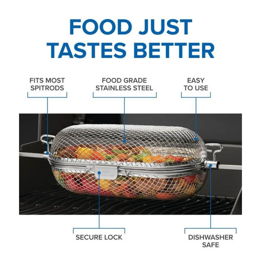 Napoleon rotisserie grill basket made of stainless steel, shown with cooked wings and vegetables on a barbecue grill