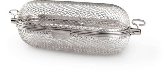 Napoleon rotisserie grill basket made of stainless steel, shown with cooked wings and vegetables on a barbecue grill