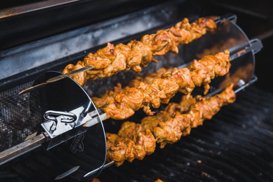 Napoleon Rotisserie Shish Kebab Skewer Set with 6 chrome skewers and 2 rotisserie plates