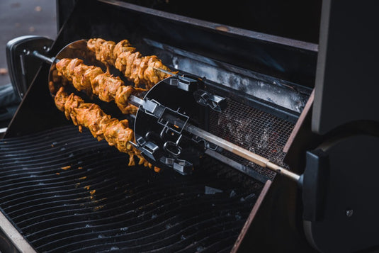 Napoleon Rotisserie Shish Kebab Skewer Set with 6 chrome skewers and 2 rotisserie plates