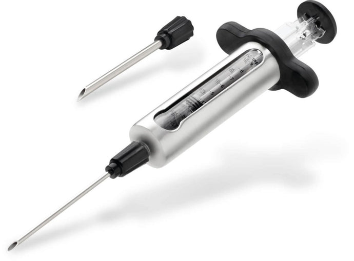 Napoleon Stainless Steel Marinade Injector with Two Needles, Measurement Window, Cleaning Brushes, and Storage Case