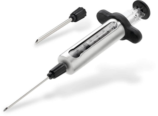 Napoleon Stainless Steel Marinade Injector with Two Needles, Measurement Window, Cleaning Brushes, and Storage Case