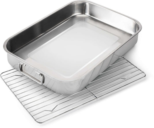 Napoleon Stainless Steel Roasting Pan with Reversible Rack and Folding Handles for Grilling or Oven Use
