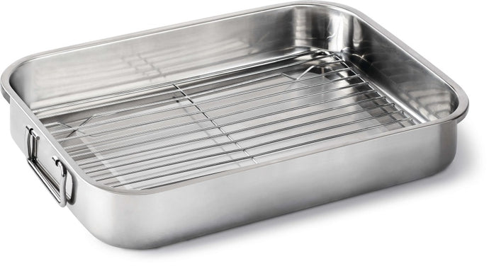 Napoleon Stainless Steel Roasting Pan with Reversible Rack and Folding Handles for Grilling or Oven Use