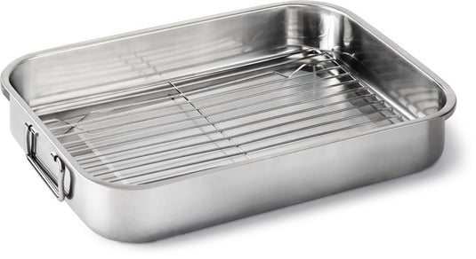 Napoleon Stainless Steel Roasting Pan with Reversible Rack and Folding Handles for Grilling or Oven Use