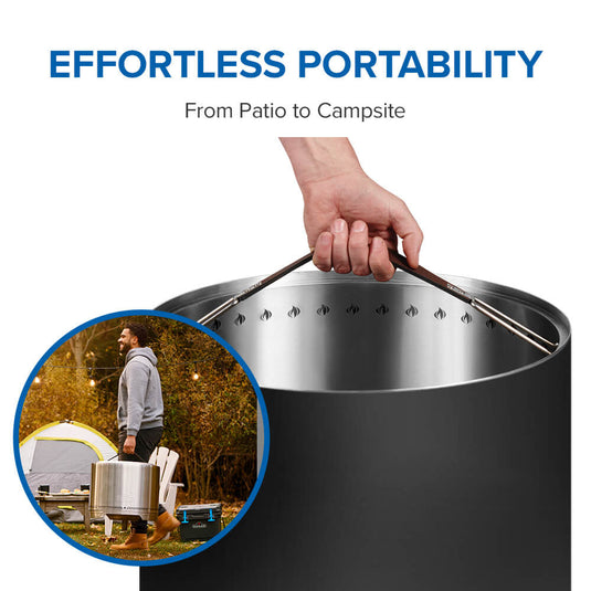 Napoleon Timberwolf smokeless fire pit portability infographic showing the carrying handle and outdoor transport