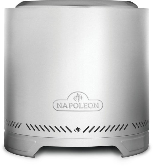 Napoleon Timberwolf 18-inch smokeless fire pit NWFPMTI-SS in stainless steel, front view on white background.