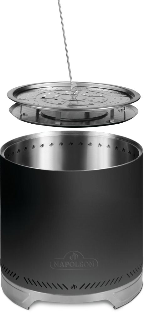 Napoleon Timberwolf 18-inch matte black fire pit with removable ash pan lifted above the burn chamber