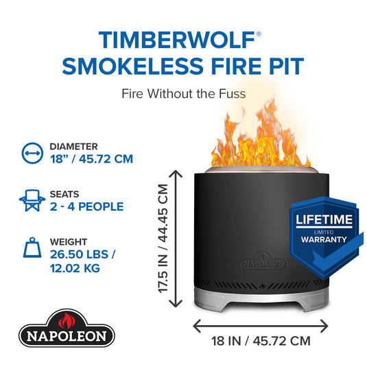 Napoleon Timberwolf 18-inch matte black fire pit dimensions showing 18-inch diameter, 17.5-inch height, and 26.5-pound weight