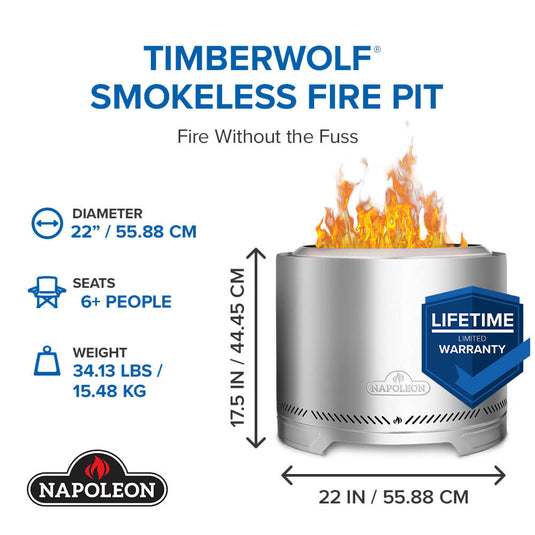 Napoleon Timberwolf 22-inch smokeless fire pit infographic showing dimensions, weight, and limited lifetime warranty