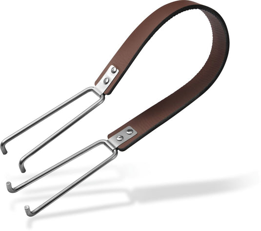 Napoleon Timberwolf fire pit removable carry handle with brown grip and stainless steel hooks