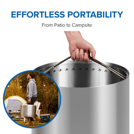 Napoleon Timberwolf portable smokeless fire pit being lifted with its carry handle for transport