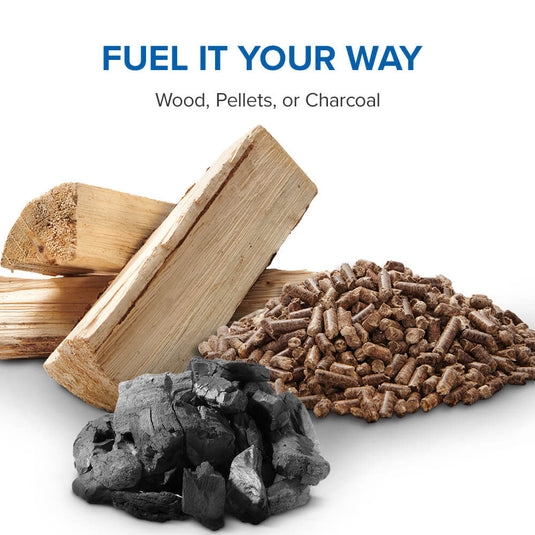 Wood logs, wood pellets, and charcoal fuel options for the Napoleon Timberwolf smokeless fire pit