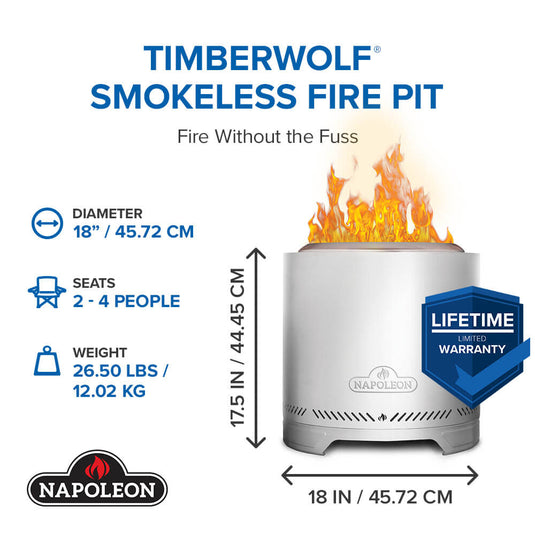 Napoleon Timberwolf 18-inch stainless steel smokeless fire pit NWFPMTI-SS specifications infographic showing 18-inch diameter, 17.5-inch height, 26.5 lb weight, seating for 2–4 people, and limited lifetime warranty.