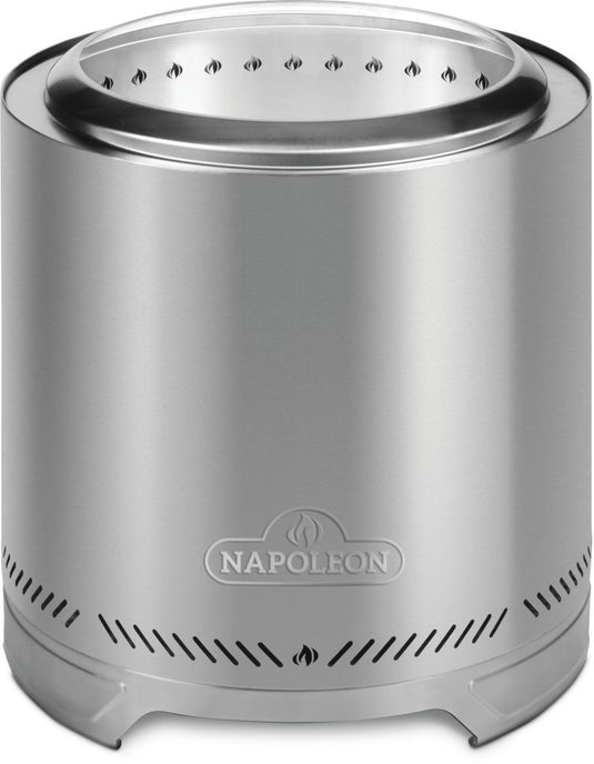 Napoleon Timberwolf 18-inch smokeless fire pit (NWFPMTI-SS) in stainless steel, front view showing the removable top ring and ventilation openings.