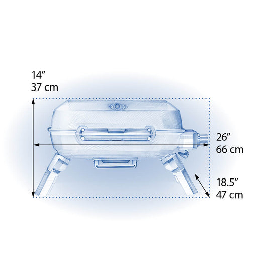 Napoleon TravelQ 240 Portable Gas Grill with 1 Burner – Compact Propane BBQ for Outdoor Cooking Measurement chart of a suitcase with dimensions labeled in inches and centimeters.