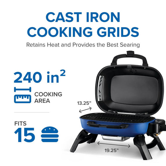 Napoleon TravelQ 240 Portable Gas Grill with 1 Burner – Compact Propane BBQ for Outdoor Cooking with cast iron cooking grids on a white background