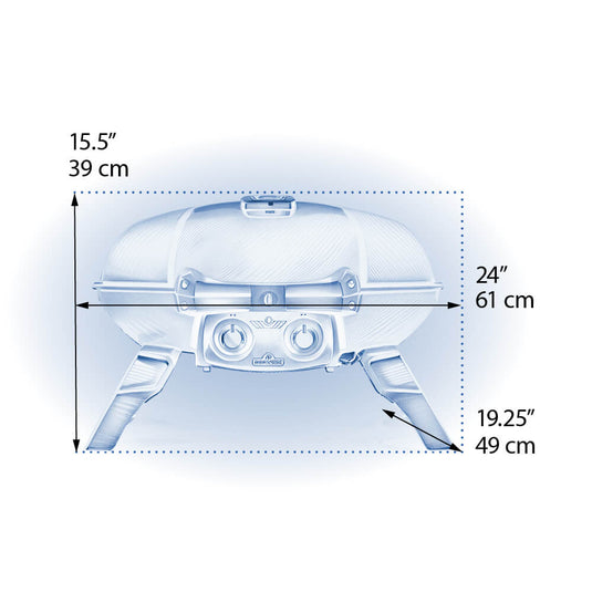 Measurement chart of a Napoleon TravelQ 285 Blue Portable Gas Grill with 2 Burners with dimensions labeled.