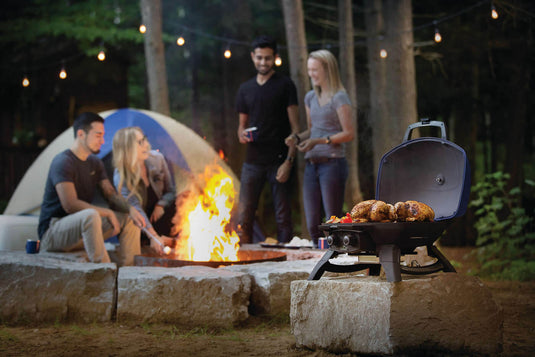 Friends gathered around a campfire with the Napoleon TravelQ 285 blue portable grill cooking chicken nearby