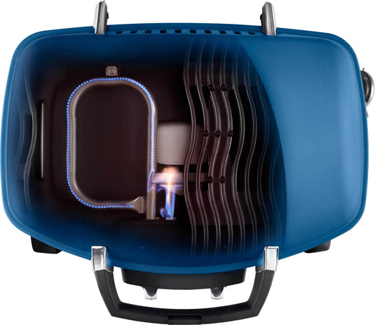 Top cutaway view of Napoleon TravelQ 285 showing the gas burner system and porcelain-coated cast iron WAVE cooking grids