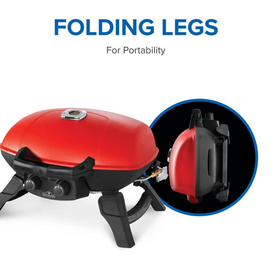 Napoleon TravelQ 285 Red Portable Gas Grill with Griddle – 2 Burners with folding legs on a white background