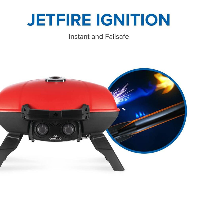 Load image into Gallery viewer, Napoleon TravelQ 285 Red Portable Gas Grill with Griddle – 2 Burners with jetfire ignition system on a white background
