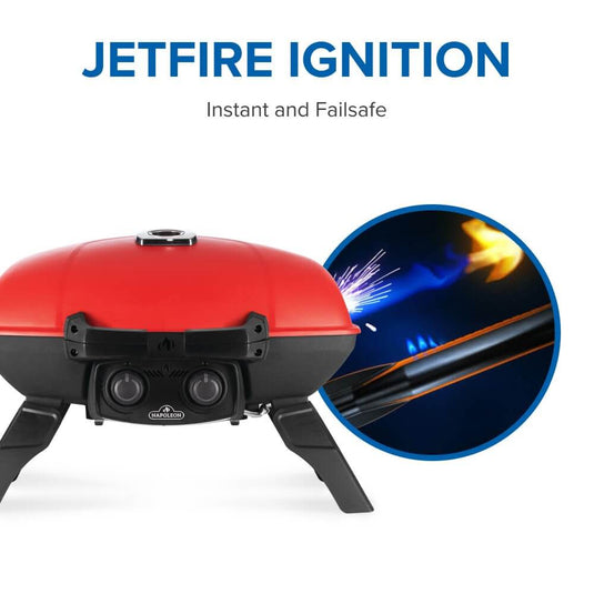 Napoleon TravelQ 285 Red Portable Gas Grill with Griddle – 2 Burners with jetfire ignition system on a white background