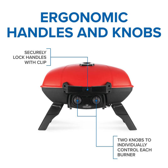 Napoleon TravelQ 285 Red Portable Gas Grill with Griddle – 2 Burners with ergonomic handles and knobs highlighted