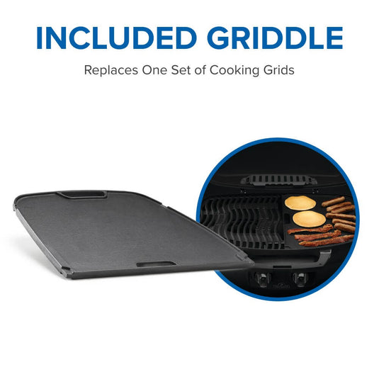 Included griddle for Napoleon TravelQ 285 Red Portable Gas Grill with Griddle – 2 Burners with cooking items on a white background